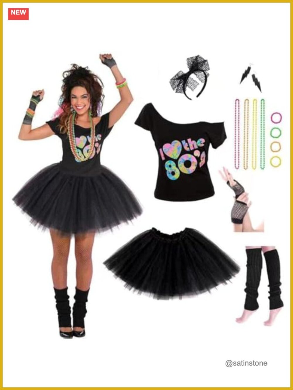 80s Costume Set with Tutu Skirt Earrings Necklace Bracelets Fishnet Gloves